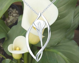 Long Calla Lily Necklace, .925 Sterling Silver, Flower Pendant, Native to South Africa