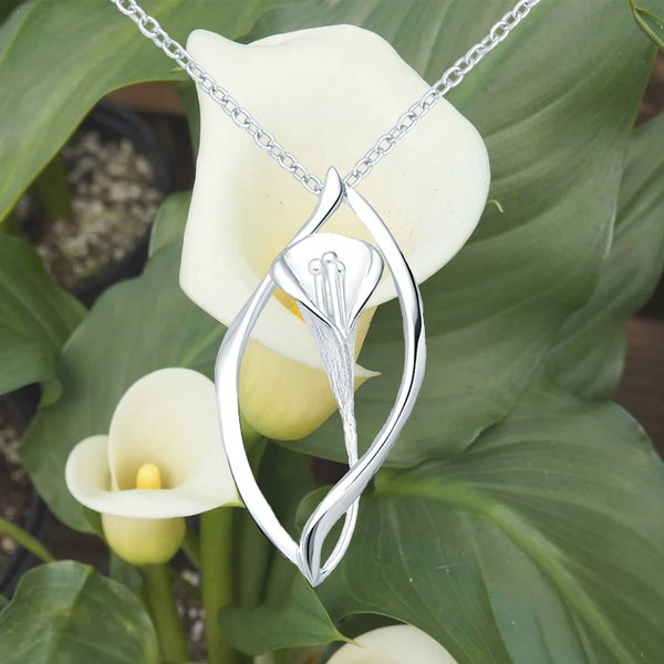 Long Calla Lily Necklace, .925 Sterling Silver, Flower Pendant, Native to South Africa
