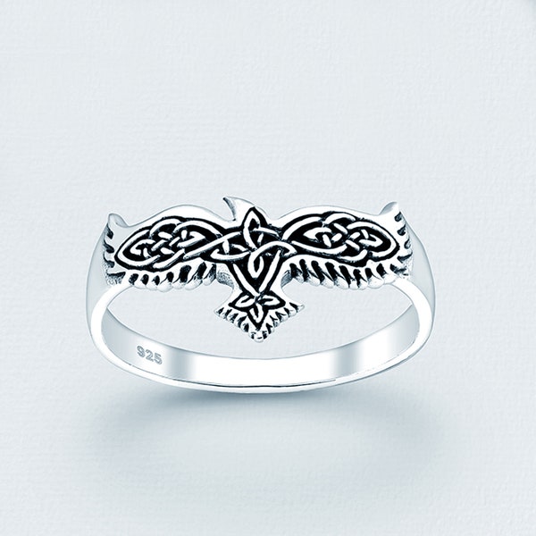 Celtic Raven Ring, .925 Sterling Silver, Interwoven Knot Design, Norse Viking Ring, Irish Ring