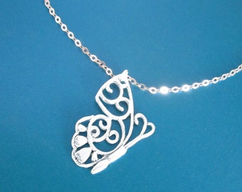 Butterfly Necklace, .925 Sterling Silver, Cut Out Butterfly Pendant, Side View, Reversible, Lightweight