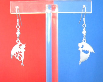 Angel / Devil Mismatch Earring, .925 Sterling Silver, Female Angel/Devil, Good & Evil