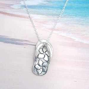 Plumeria Flip Flop Charm Necklace, 925 Sterling Silver, Hawaiian Plumeria Flower, Thong Sandal