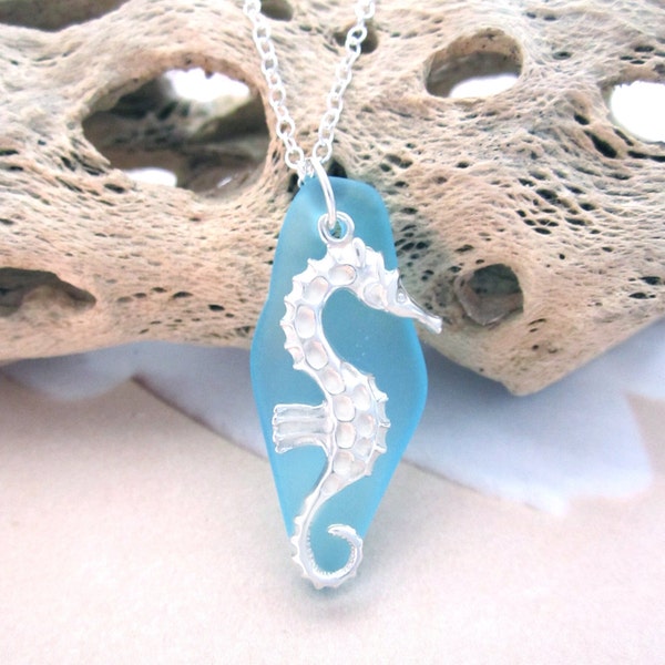 Long Seahorse Necklace, .925 Sterling Silver, Blue Sea Glass, Pendant Necklace, Comes With Or Without Sea Glass