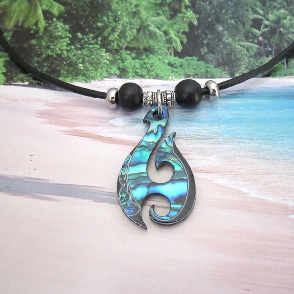 Maori Fish Hook Necklace, Paua Shell, Celtic Design, Seashell, Pendant Necklace, Comes With Or Without Beads