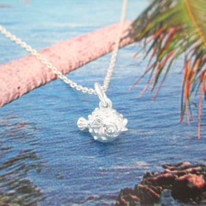 Tiny Blowfish Puffer Fish Necklace, .925 Sterling Silver, Reversible, Ocean, Sea Fish, Charm Necklace