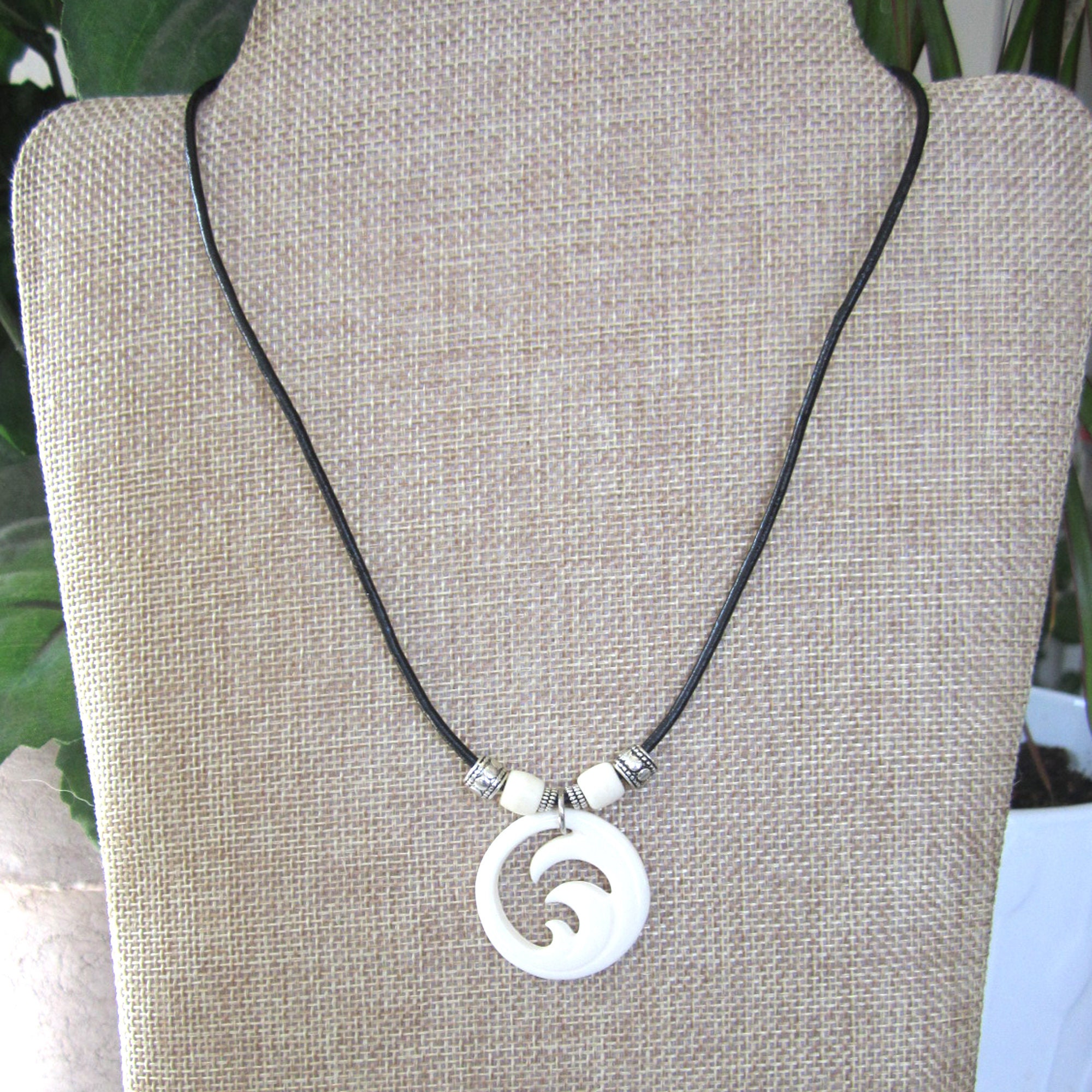 Handmade Carved Yak Bone Necklace, Reversible, Ocean Wave's / Fish