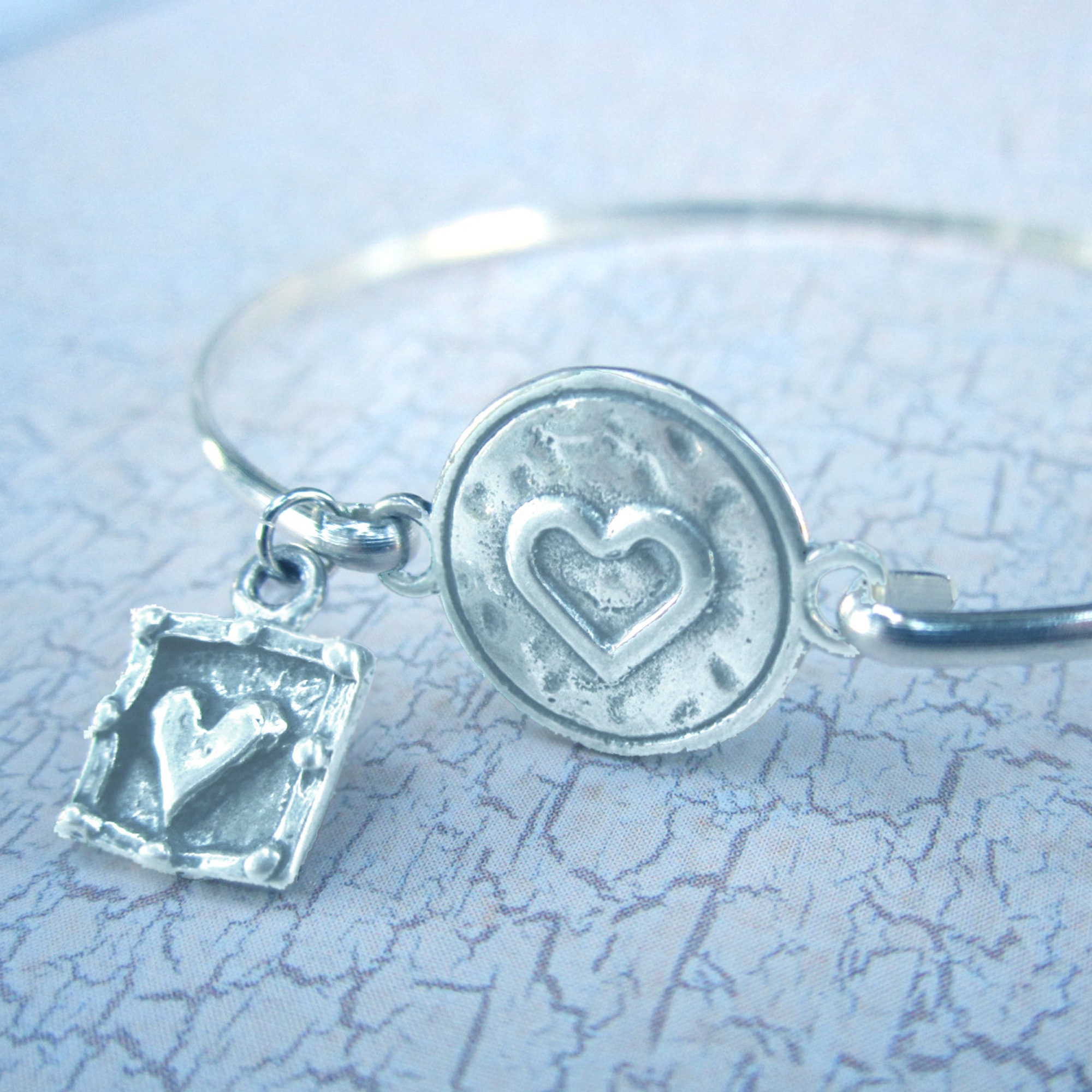 Cuff Link Bangle Bracelet Round Heart WithOr Without Charm Lightly Hammered 925 Sterling Silver