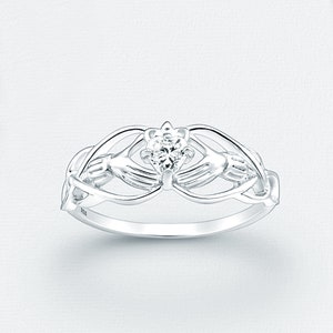 Celtic Claddagh Ring, .925 Sterling Silver, Heart Shaped CZ Diamond, Irish Claddagh, Hands Holding CZ Diamond