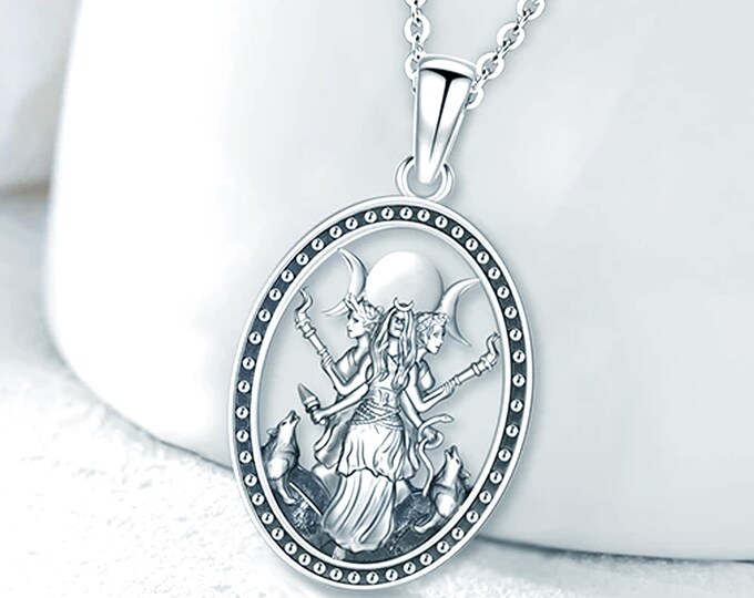 Oval Triple Moon Goddess Necklace, 925 Sterling Silver, Hecate Amulet ...