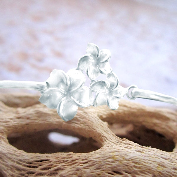 3 Plumeria Flower Bracelet, .925 Sterling Silver, Tropical Flower, Bangle Bracelet, High Shine