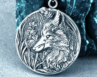 Fox Necklace, Stainless Steel, Fox In Woods Pendant, Fox Head Pendant