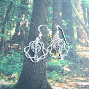 Celtic Cross Round Hoops, .925 Sterling Silver, Dangle Drop Earrings,