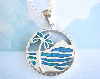 Blue Opal Island Necklace, 925 Sterling Silver Filled, Tree, Sea & Island, Paradise, Man Made Opal