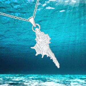 Conch Seashell Spiky Necklace, 925 Sterling Silver, High Shine, Very Detailed, Long Seashell Design