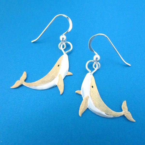 Whale Earrings, .925 Sterling Silver W 14K Gold, Ocean, Sea Marine Mammal, Whale Breaching, Light Weight