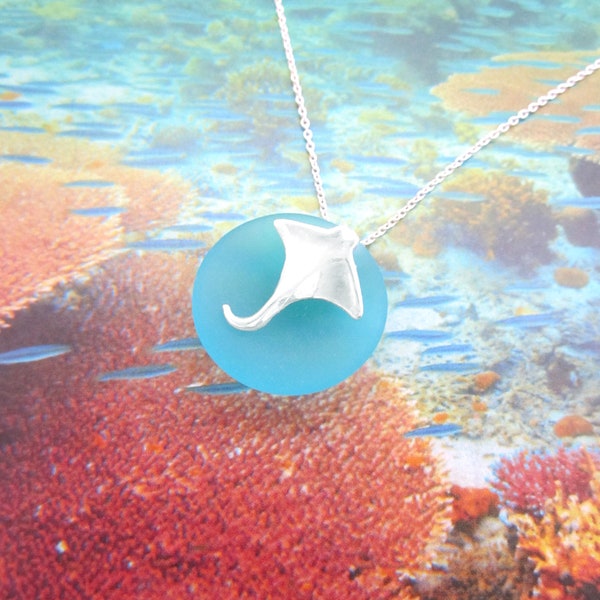 Manta Ray / Sting Ray Necklace, .925 Sterling Silver, Choise of 2 Color Sea Glass, Manta Ray, Sea Ray, Charm Necklace