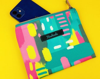 Exclusive Design Small Clutch, Aqua and Pink Passport Zipper Pouch, Small Make Up Bag, Small Cosmetic Bag, Cell Phone Pouch.