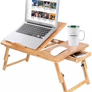 Escritorio de regazo para laptop con cajón de almacenamiento, soportes para  taza y tableta, mesa de cama para laptop con patas plegables, soporte de