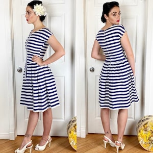 1950s Navy and White Stripped Cotton Day Dress