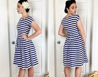 1950s Navy and White Stripped Cotton Day Dress