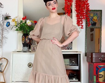 Tan 1970s Bell Sleeve Ruffle Dress