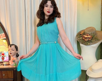 Aqua 1950s Chiffon Blend Party Dress with Matching Belt *as is*
