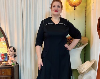 Plus Size 1970s Black Poly Party Dress with Rhinestoned Collar