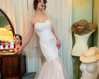 White and Pink Sweetheart Mermaid Deco Sequin Wedding Gown