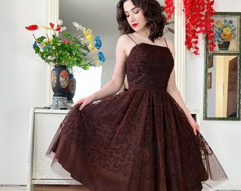 1950s Chocolate Brown Rappi Couture Swiss Dot Tule Fit & Flare Dress