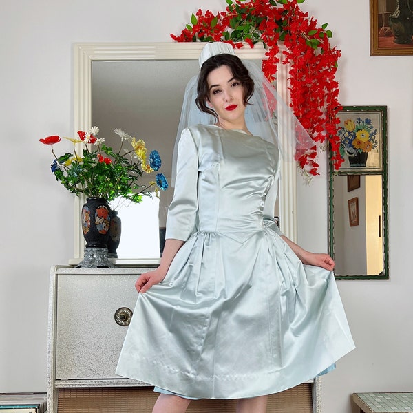 Early 1960s Handmade Powder Blue Wedding Dress With Matching Veil