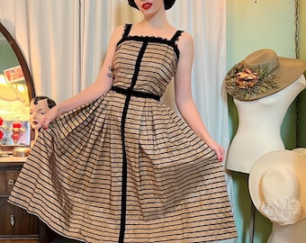 1950s Taffeta Dress with Velvet Stripe Details