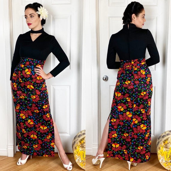 1970s Rainbow Floral Polyester Maxi Dress with Key