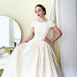Champagne and Ivory Raw Silk Wedding Gown with Beaded Lace Bodice and Full Train