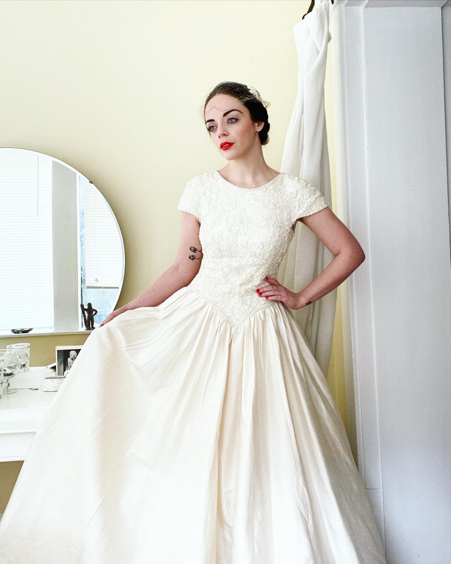 Champagne and Ivory Raw Silk Wedding Gown with Beaded Lace Bodice and Full Train