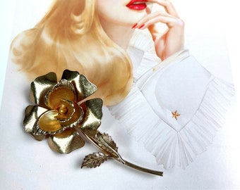 80s Painted Gold Oversized Statement Rose Brooch