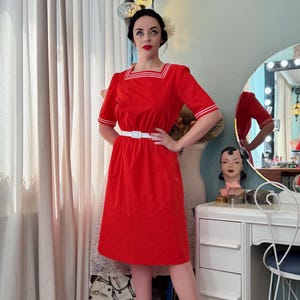 1980s Red With White Stripe Day Dress