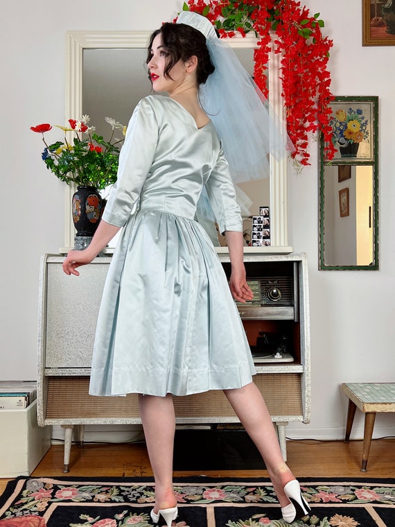 Early 1960s Handmade Powder Blue Wedding Dress Wi… - image 4