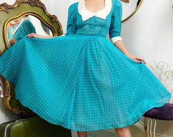 80s Does 50s Turquoise Polka Dot Fit and Flare Dress