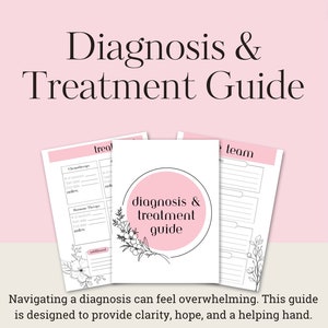 May include: A pink and white printable guide with the text "Diagnosis & Treatment Guide" and a floral design. The guide includes sections for chemotherapy, hormone therapy, and a medical team.