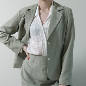 Stunning Retro Green Skirt Suit with Blazer & Pockets - 90s, 80s Inspired Fashion, Size 38, Small Medium, Moss Green Suede Soft Fabric