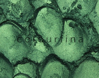 May include: Close-up of a green eyeshadow with a textured, scaly surface. The eyeshadow is in a pressed powder format.