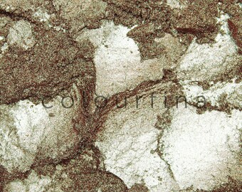 May include: Close-up of a textured, metallic surface with a mix of brown, silver, and white colors. The surface has a cracked and layered appearance, creating a unique and abstract design.