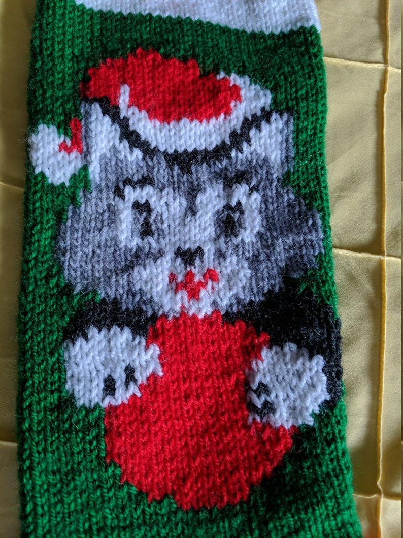 Personalized Hand Knit Gray Cat Christmas Stocking