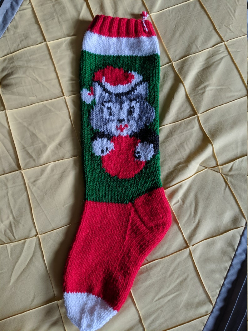 Personalized Hand Knit Gray Cat Christmas Stocking