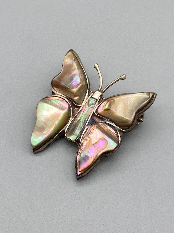 Paire De Broches Papillon En Argent Et Coquille D'abalone Iridescente, Taxco Mexique - Occasion Avec Défauts