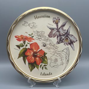 Hawaiian Islands Tray with Orchid, Hibiscus Flowers Souvenir Lazy Susan Tray Hawaii Oahu Kauai Vintage