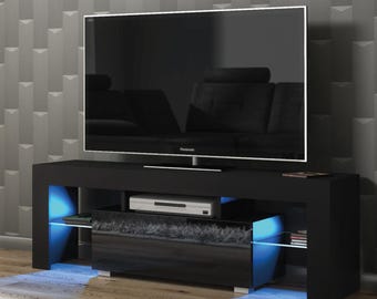 TV Unit TV Stand Cabinet Media Console Black Gloss Storage Cabinet LED Lights 130cm