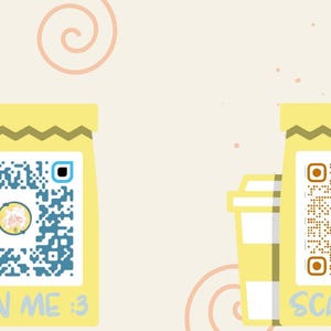 Peut inclure: Illustration de deux sacs en papier jaunes avec des codes QR et le texte "SCAN ME :3". Un code QR est bleu avec un centre floral, l'autre est marron avec un logo Instagram.