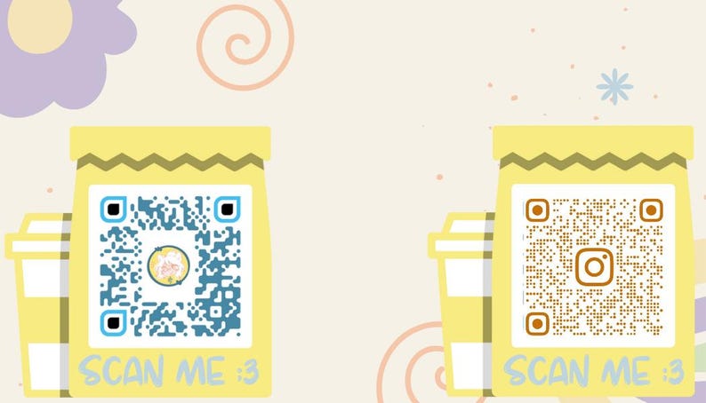 Peut inclure: Illustration de deux sacs en papier jaunes avec des codes QR et le texte "SCAN ME :3". Un code QR est bleu avec un centre floral, l'autre est marron avec un logo Instagram.