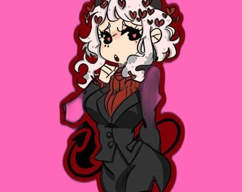 May include: Cartoon illustration of a character with white hair, black horns, and heart-shaped accents. The character wears a red sweater and a black blazer, set against a pink background. The image has a cartoon style.